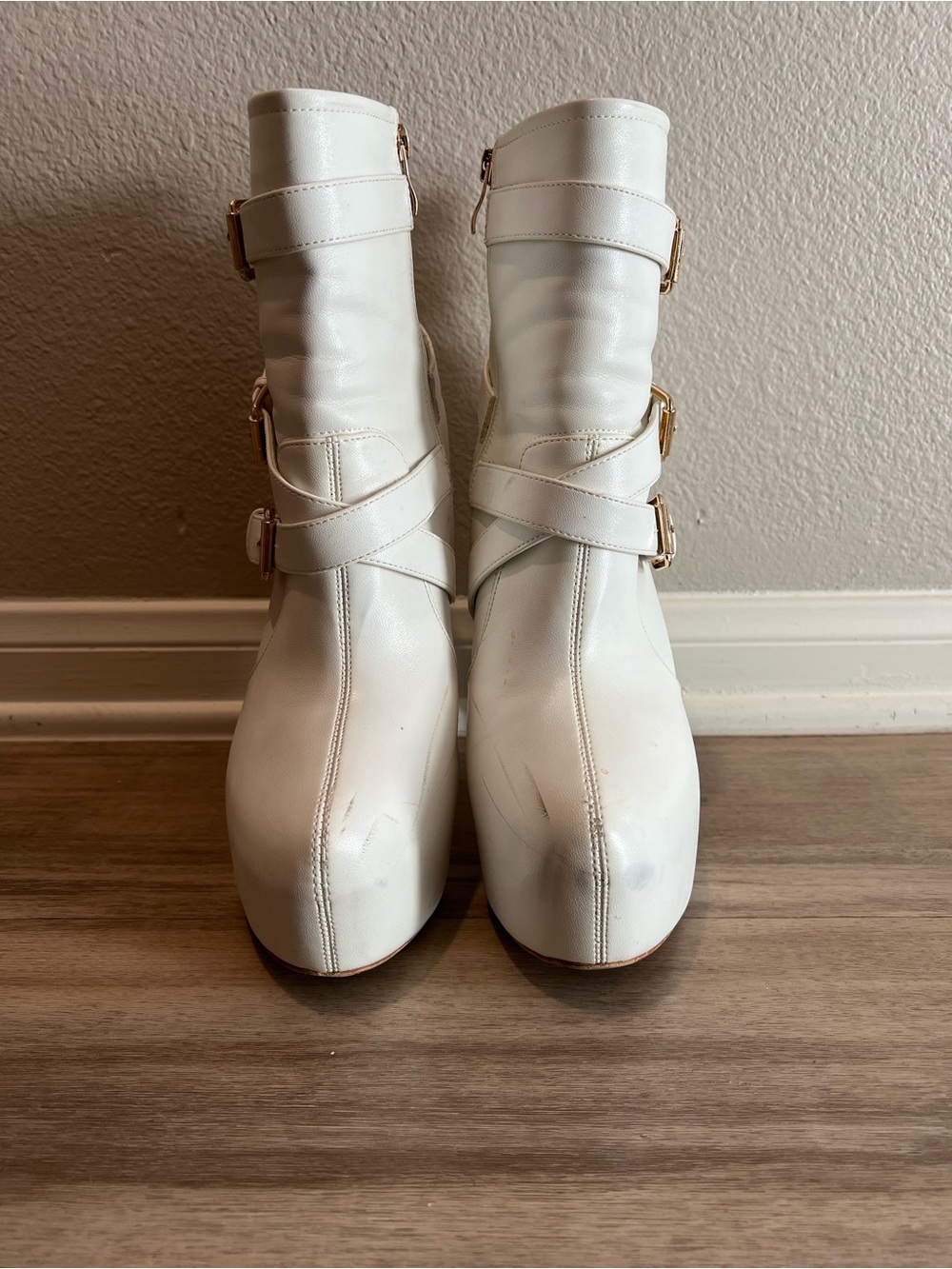 White Buckle-Strap Women's Ankle Boots with Block Heel